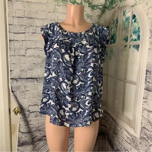 LOFT Outlet Blouse Top Size Large Blue Floral Chiffon with Ruffles